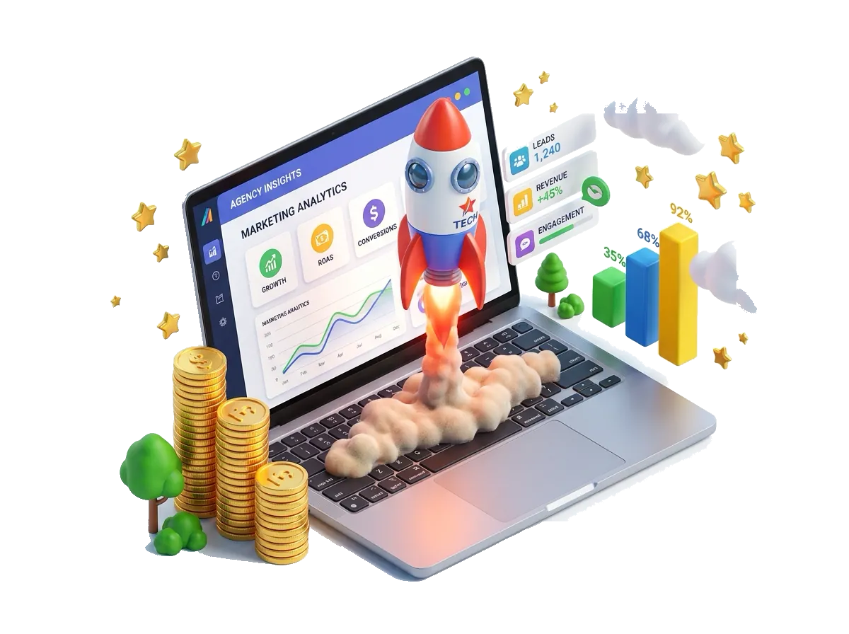 3D Space Rocket Launching from Laptop with Gold Coins and Analytics Charts